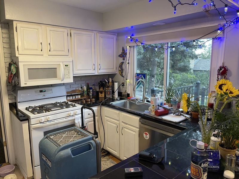 Kitchen before: white cabinets and dark counters around a window over the sink, with an over-range microwave