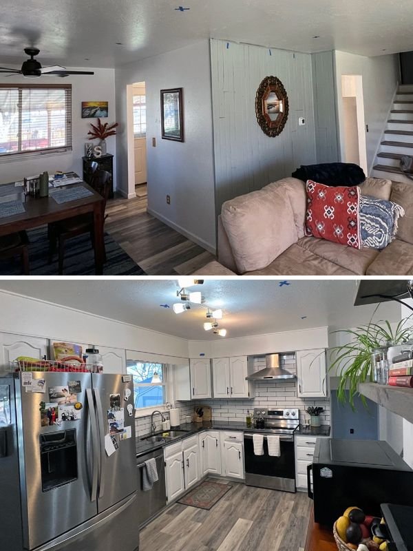 Before, shown as two photos stacked: above, a dining area and living room divided by a painted paneled wall; below, the kitchen closed in behind it with arched white cabinet doors and dark counters