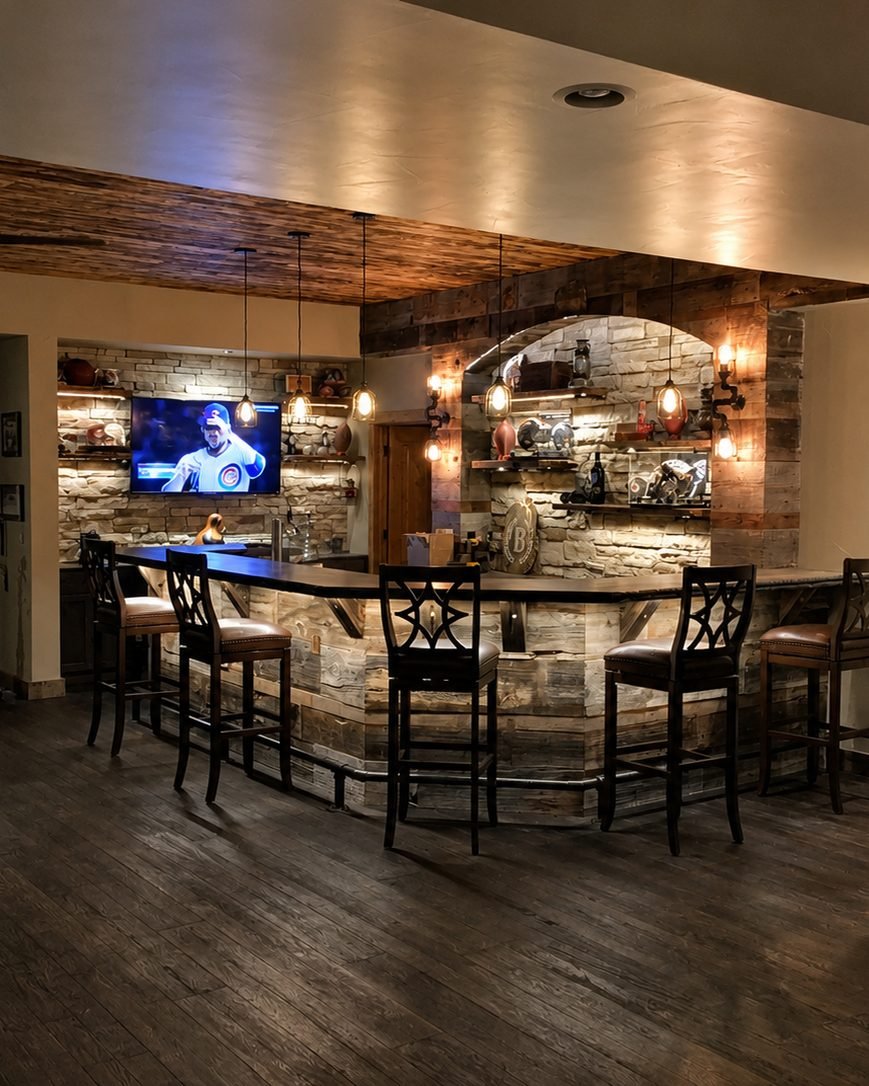A finished basement with a bar and stools under a wood ceiling, a stone wall and a television behind