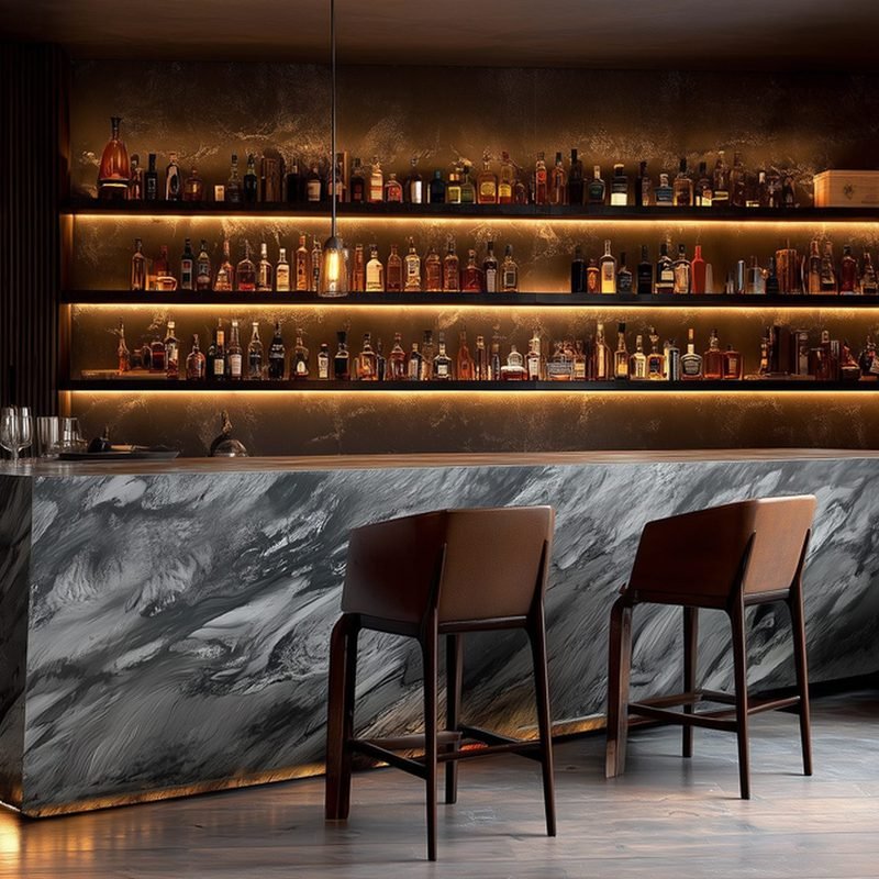A basement bar with a grey marble waterfall counter and two leather stools, in front of backlit shelves of bottles
