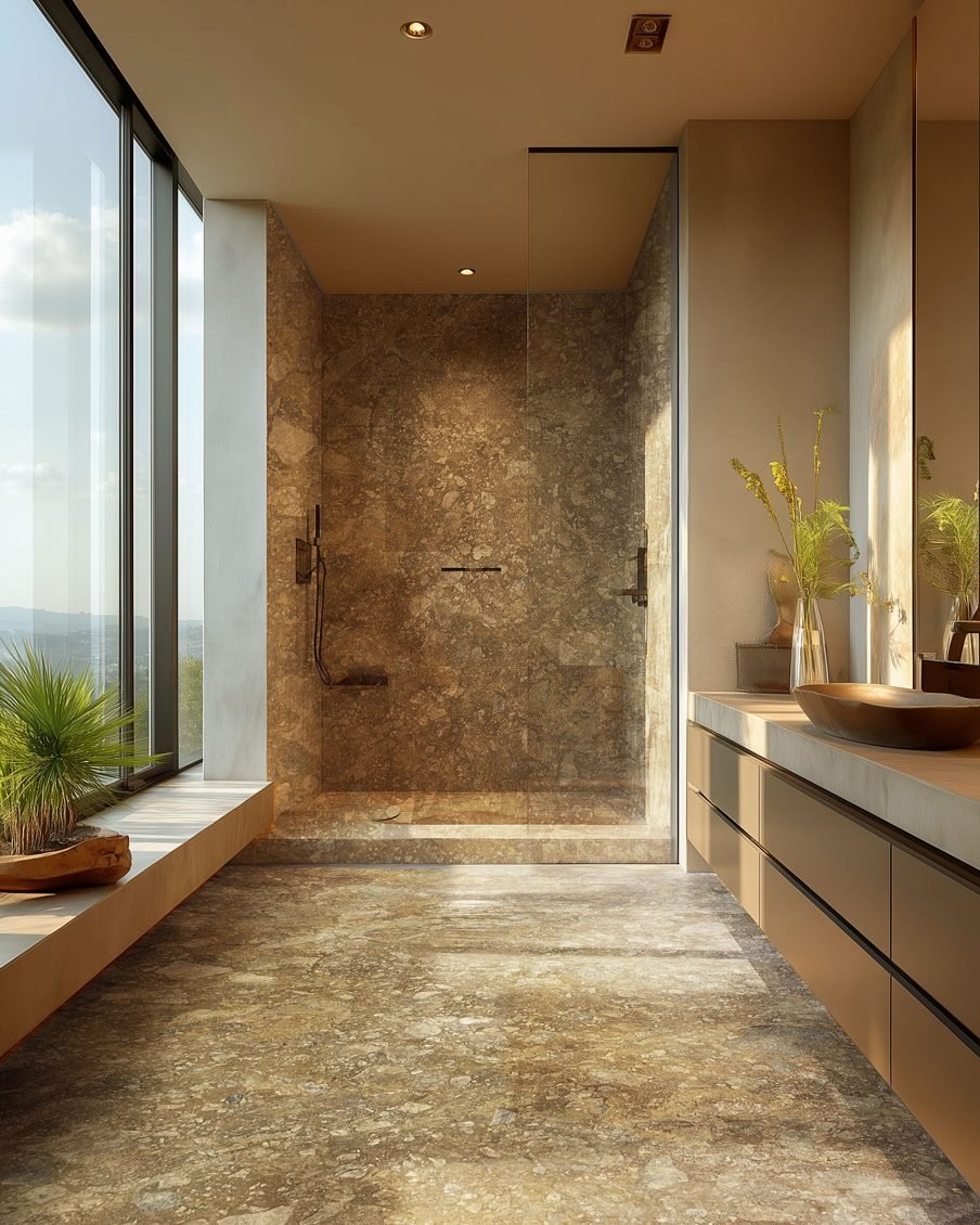 A walk in shower lined in travertine, open to a window with a long view