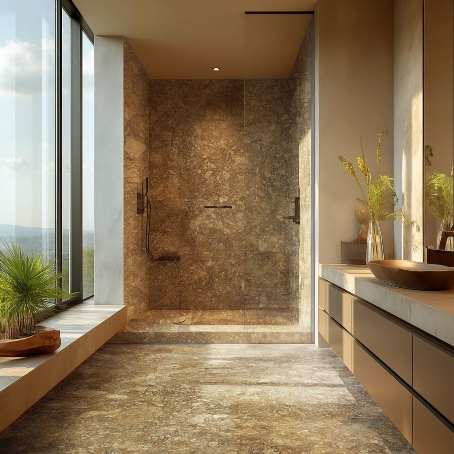 A walk in shower lined in travertine, open to a window with a long view