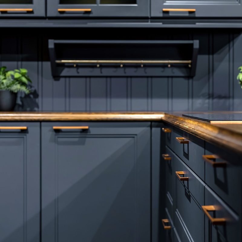 Dark slate blue inset cabinetry with bronze bar pulls and a live-edge wood counter, under a hanging rail with hooks