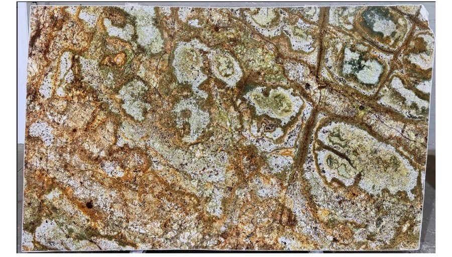 Atlas granite slab, olive and gold mottled pattern with brown veining