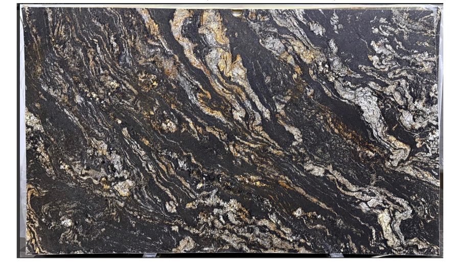 Black Cosmic granite slab, dark charcoal background with gold and white veining