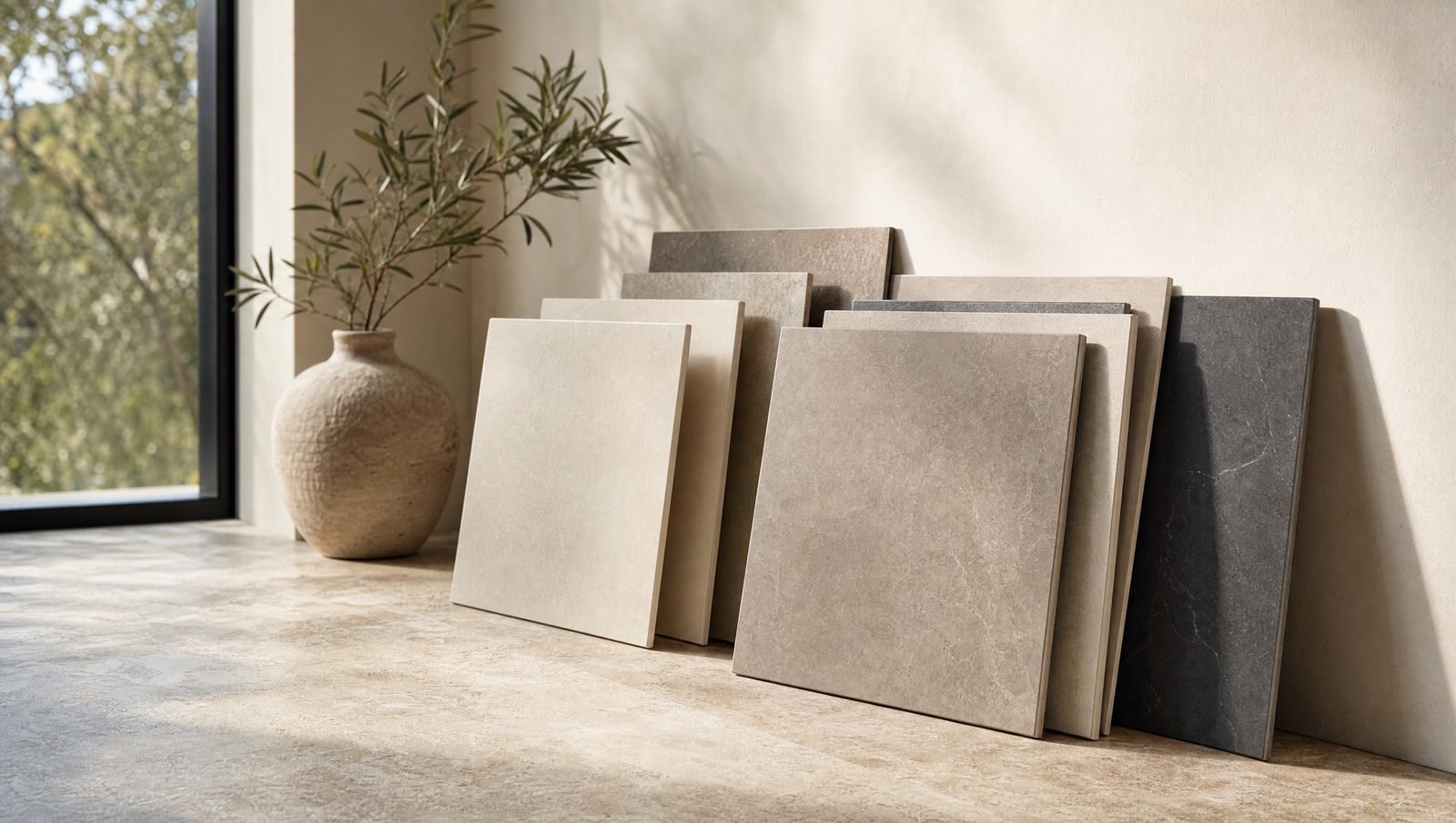 Assorted porcelain tile samples in warm neutral tones