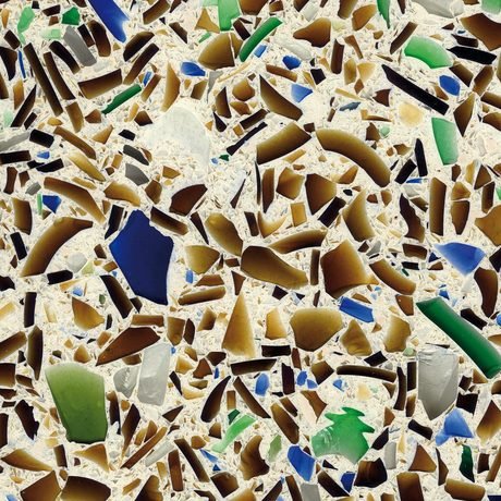 Charisma Blue recycled glass chip slab by Vetrazzo, a blue, amber and brown colorway