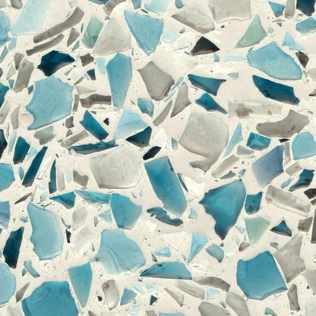 Floating Blue with Sea Pearl recycled glass chip slab by Vetrazzo, a blue colorway