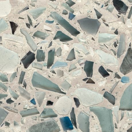 Palladian Gray with Sea Pearl recycled glass chip slab by Vetrazzo, a black and grey colorway