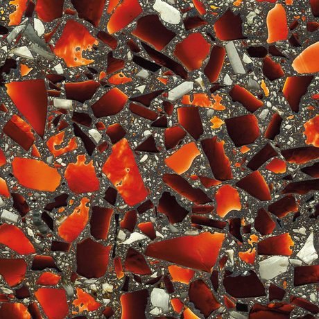 Ruby Red with Patina recycled glass chip slab by Vetrazzo, a red and plum colorway
