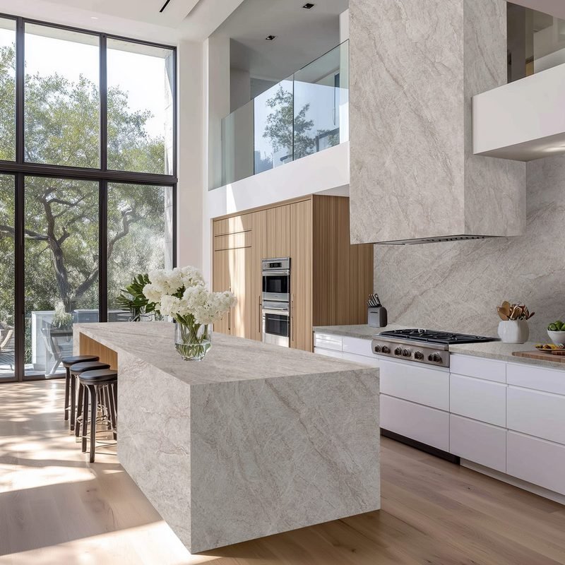 A white stone waterfall island in a bright modern kitchen, with tall windows behind it