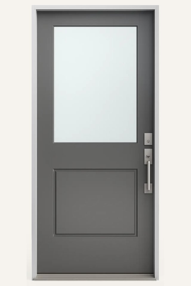Front view of a closed grey fiberglass exterior door, one panel, flush-glazed half lite with pearl glass, and a door handle