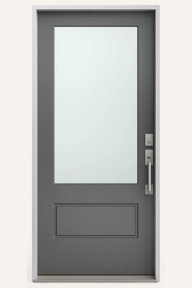 Front view of a closed grey fiberglass exterior door, one panel, flush-glazed 3/4 lite with pearl glass, and a door handle