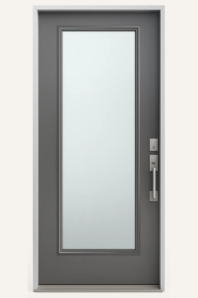 Close-up corner view of a closed grey fiberglass exterior door, with pearl glass