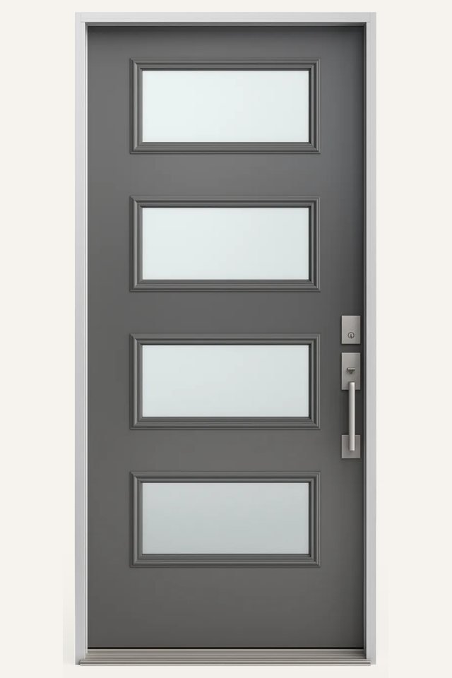A front view of a closed grey steel four panel equal exterior door with raised edges, textured glass and a silver door handle where the four panels of glass are the same rectangular shape and size and are stacked vertically on the door