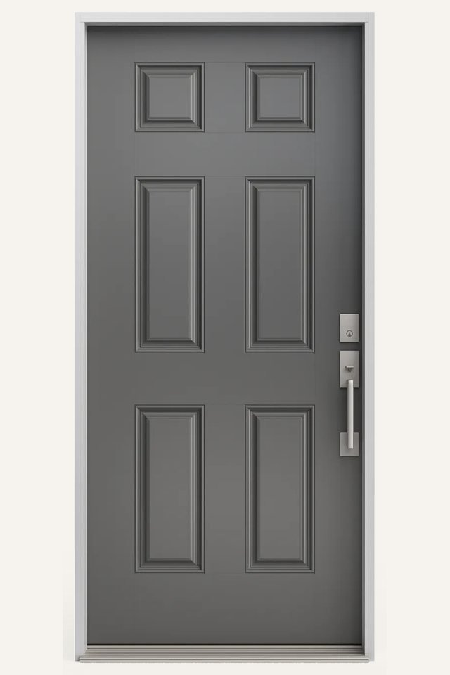 Front view of a closed grey fiberglass exterior door, opaque 6 panel, with a door handle