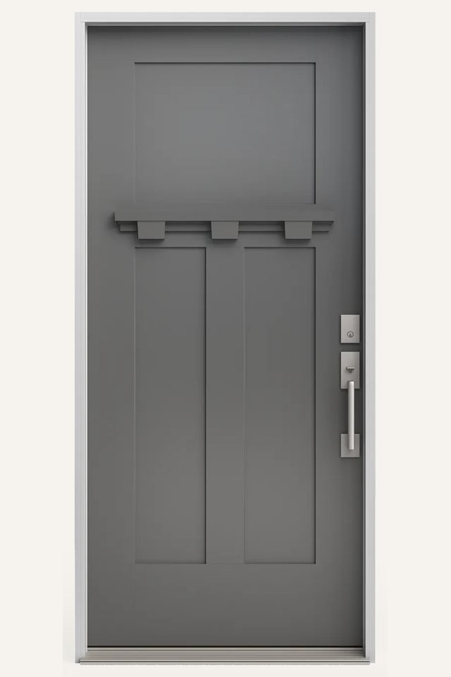 Front view of a closed grey fiberglass exterior door, three panels, a dentil shelf, and a door handle