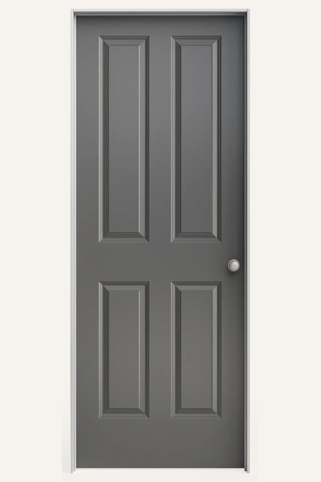 Frontal view of a closed interior 4 traditional gray panel door, with a silver round handle on the right side.
