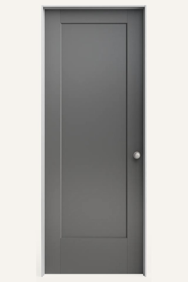 Frontal view of a closed interior 1 gray modern recessed panel door,with a silver round handle on the right side. The panels are simple and clean inside and outside edges.