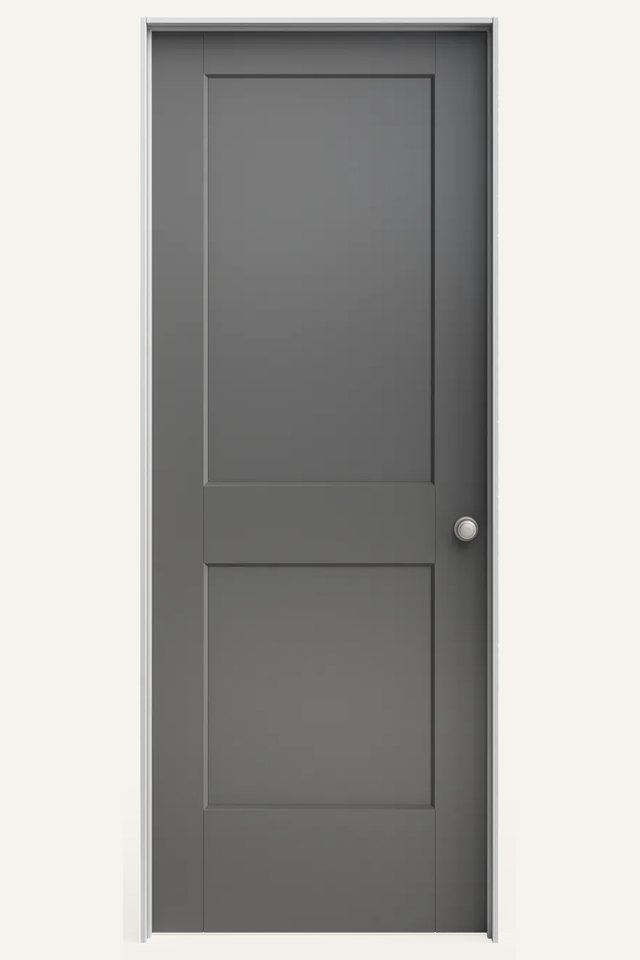 Fontal view of a closed interior 2 gray modern recessed panel door,with a silver round handle on the right side. The panels are simple and clean inside and outside edges.
