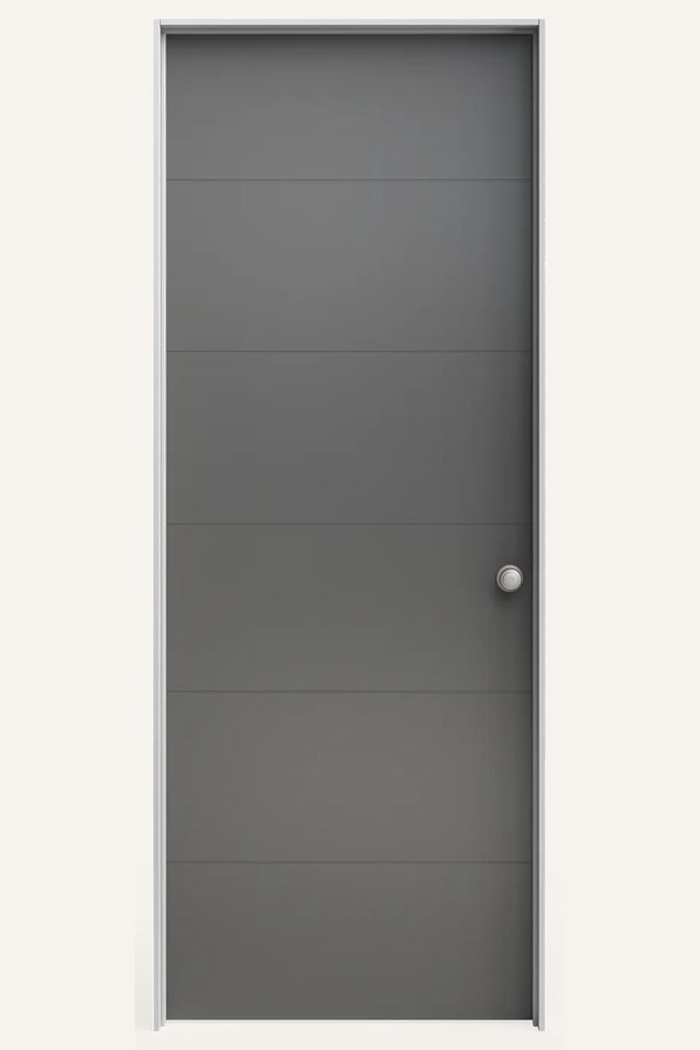 Frontal view of a closed interior 6 gray modern panel door,with a silver round handle on the right side.