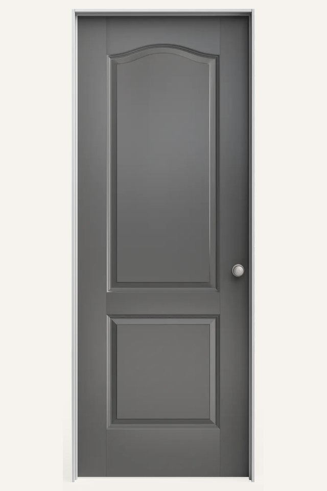 Fontal view of a closed interior 2 gray arch top classic panel door, with a silver round handle on the right side.