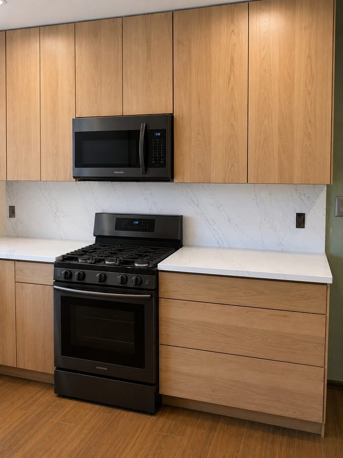Light wood flat-panel cabinets with a white stone counter and a matching veined backsplash, a black range and an over-range microwave, on a wood floor