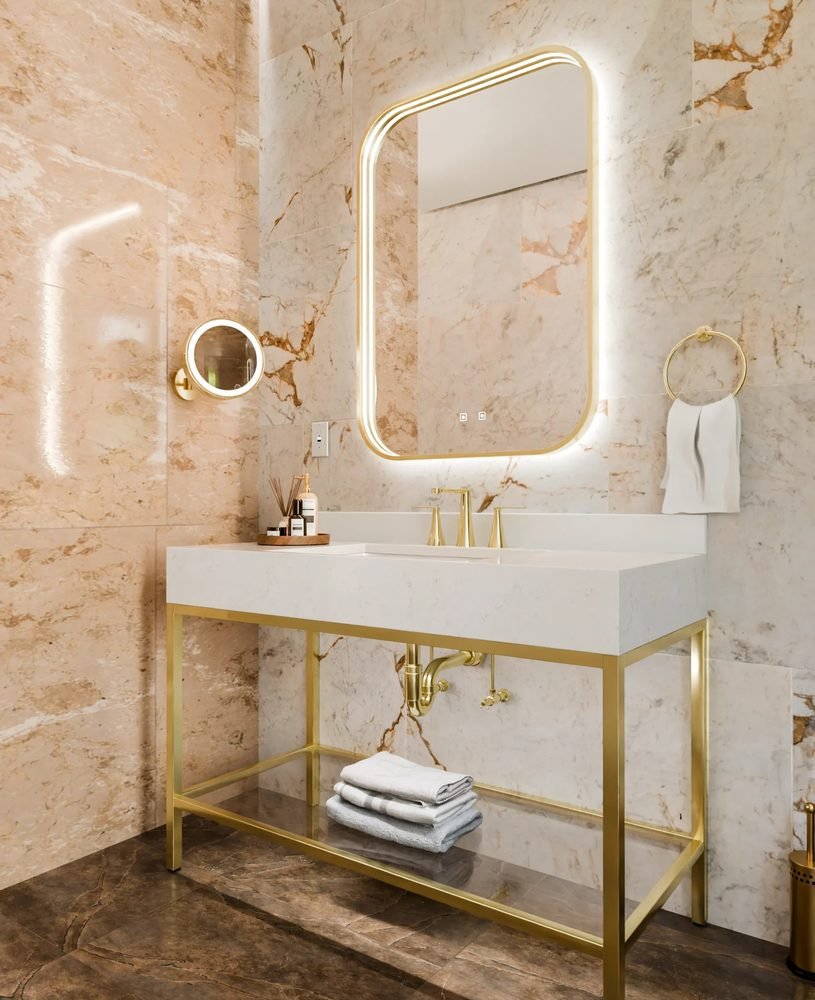 Savannah Vanity, Brushed Brass (Eminence mirror), a 36" vanity by Electric Mirror