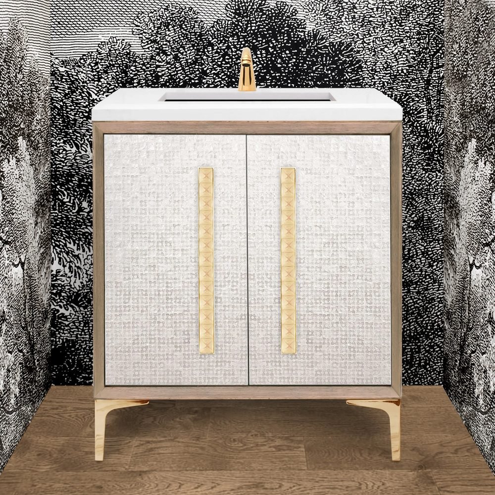 Wood Vanity, MOP Doors, 18in Pyramid Glass, a 30" vanity by Linkasink